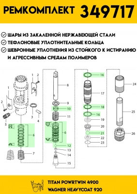 Ремкомплект насоса совместимый, пр-во Россия для окрасочных аппаратов HC920, 4900 AG-349717  фото 3